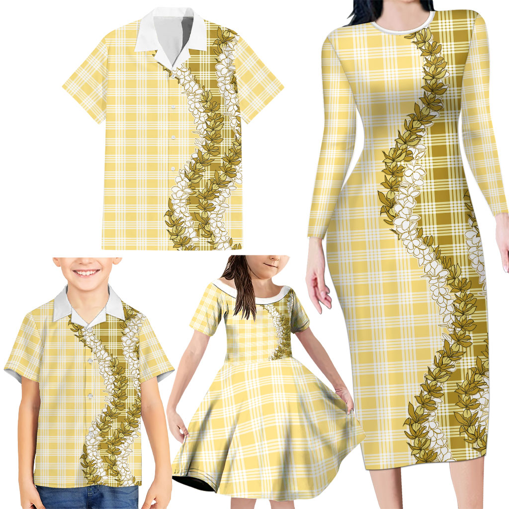 Yellow Hawaii Palaka Family Matching Long Sleeve Bodycon Dress and Hawaiian Shirt Hawaiian Honohono Lei