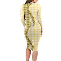 Yellow Hawaii Palaka Family Matching Long Sleeve Bodycon Dress and Hawaiian Shirt Hawaiian Honohono Lei