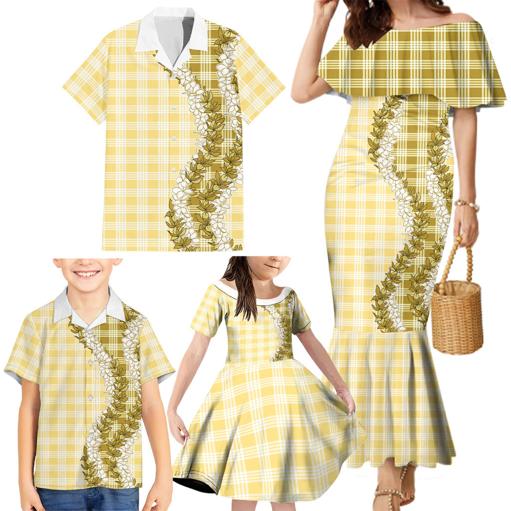 Yellow Hawaii Palaka Family Matching Mermaid Dress and Hawaiian Shirt Hawaiian Honohono Lei