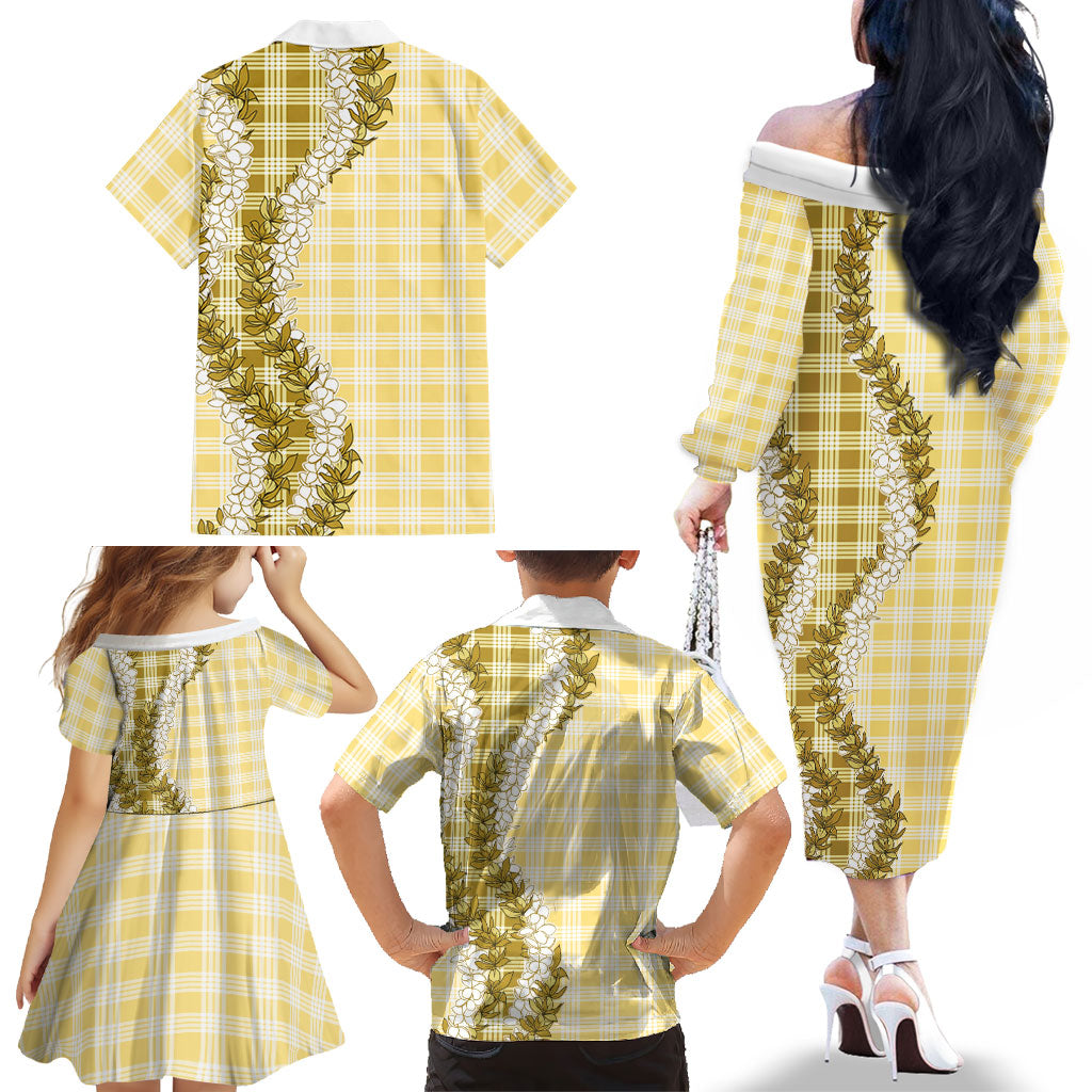 Yellow Hawaii Palaka Family Matching Off The Shoulder Long Sleeve Dress and Hawaiian Shirt Hawaiian Honohono Lei