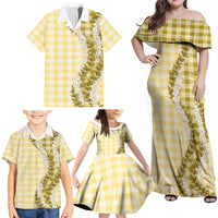 Yellow Hawaii Palaka Family Matching Off Shoulder Maxi Dress and Hawaiian Shirt Hawaiian Honohono Lei