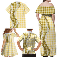 Yellow Hawaii Palaka Family Matching Off Shoulder Maxi Dress and Hawaiian Shirt Hawaiian Honohono Lei