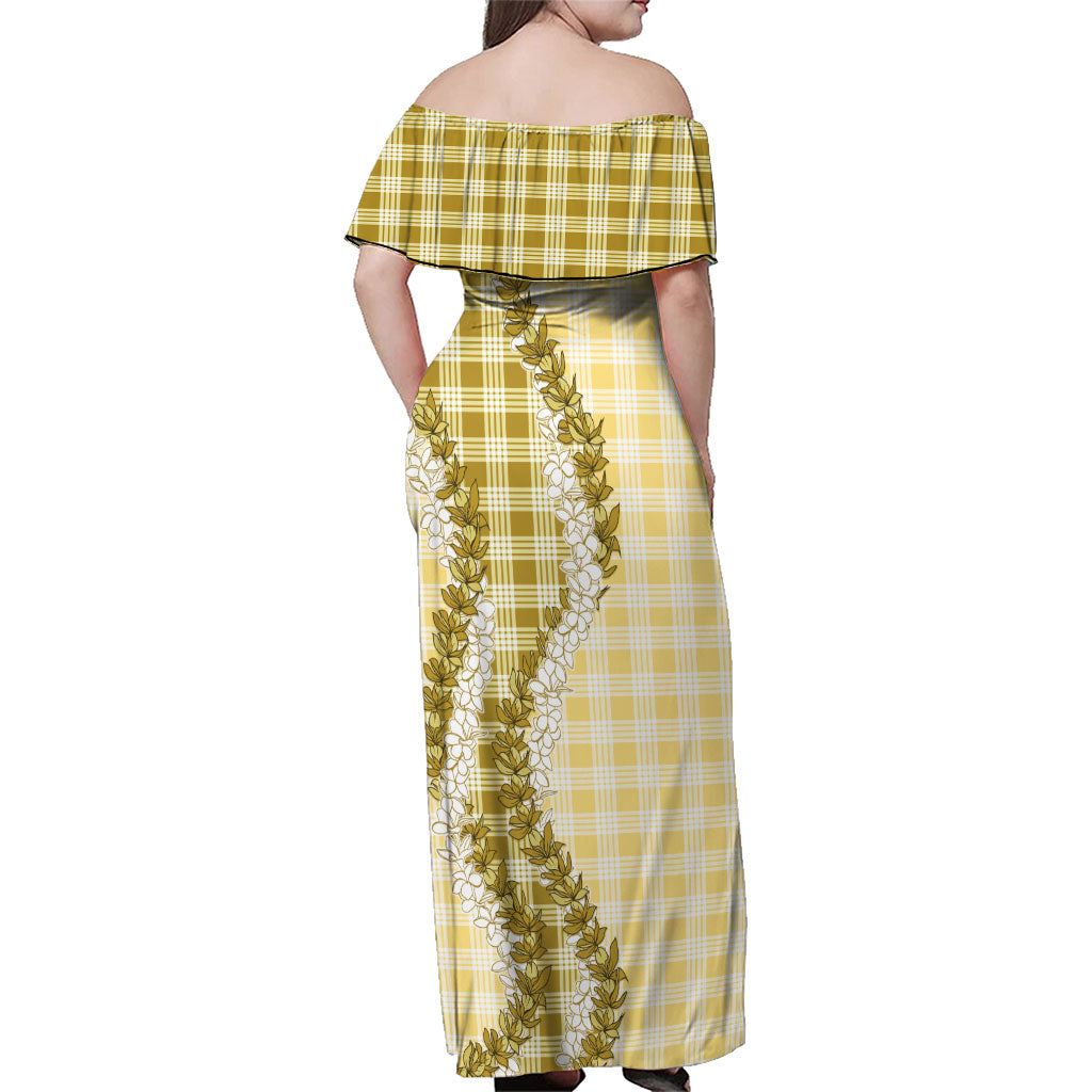 Yellow Hawaii Palaka Family Matching Off Shoulder Maxi Dress and Hawaiian Shirt Hawaiian Honohono Lei