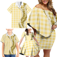 Yellow Hawaii Palaka Family Matching Off Shoulder Short Dress and Hawaiian Shirt Hawaiian Honohono Lei