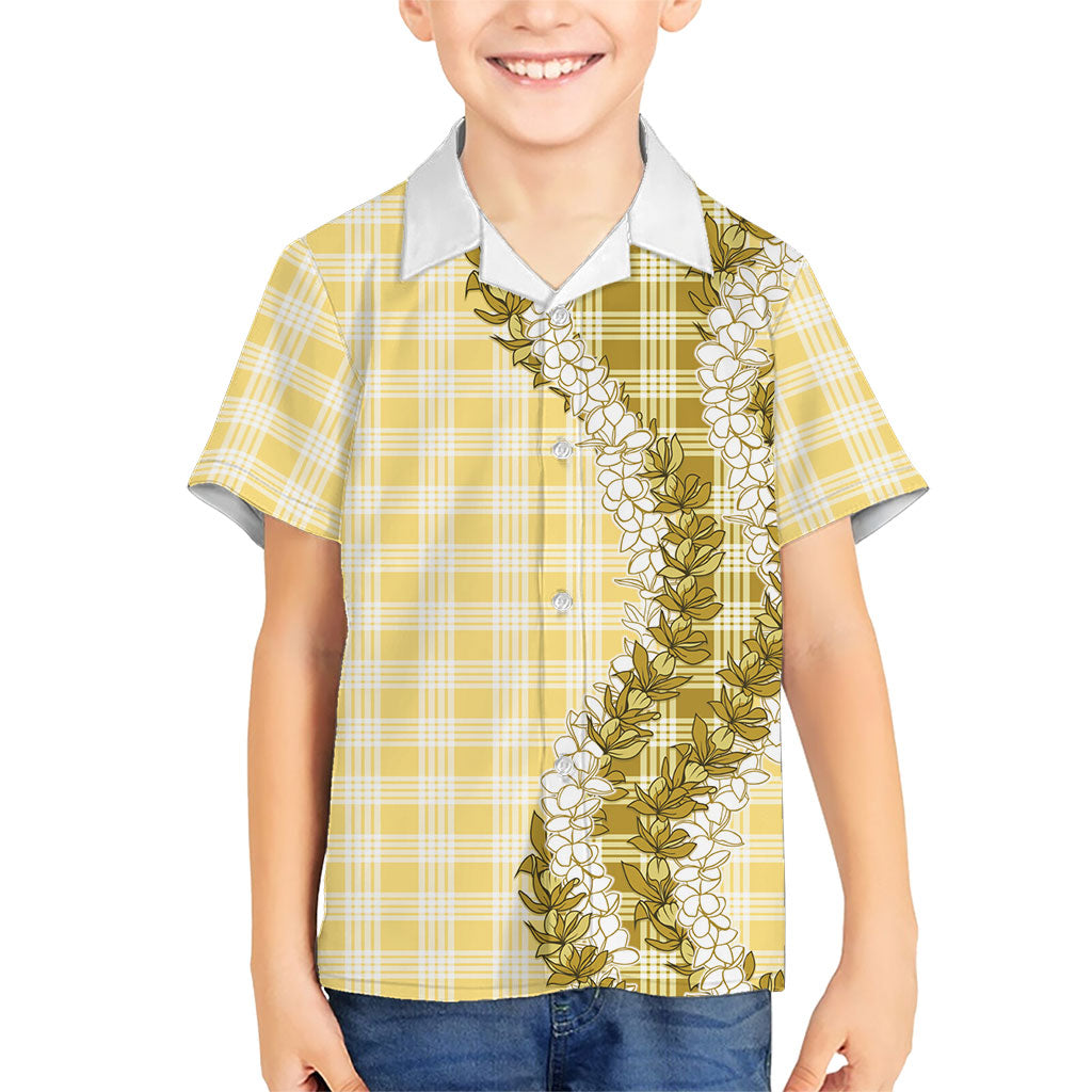 Yellow Hawaii Palaka Family Matching Off Shoulder Short Dress and Hawaiian Shirt Hawaiian Honohono Lei