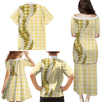 Yellow Hawaii Palaka Family Matching Puletasi and Hawaiian Shirt Hawaiian Honohono Lei