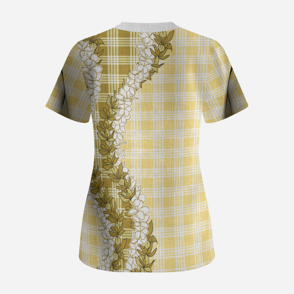 Yellow Hawaii Palaka Scrub Top Hawaiian Honohono Lei