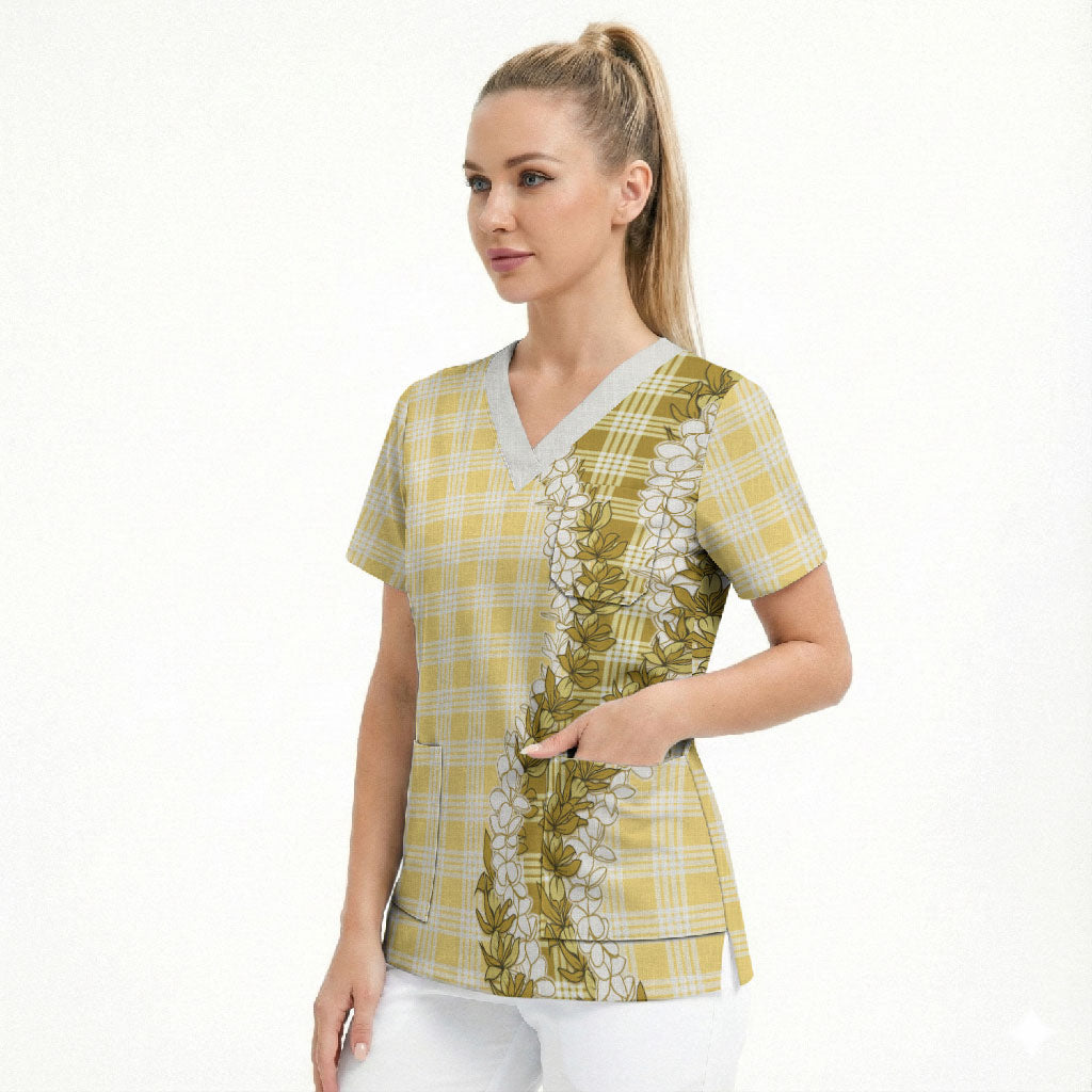 Yellow Hawaii Palaka Scrub Top Hawaiian Honohono Lei