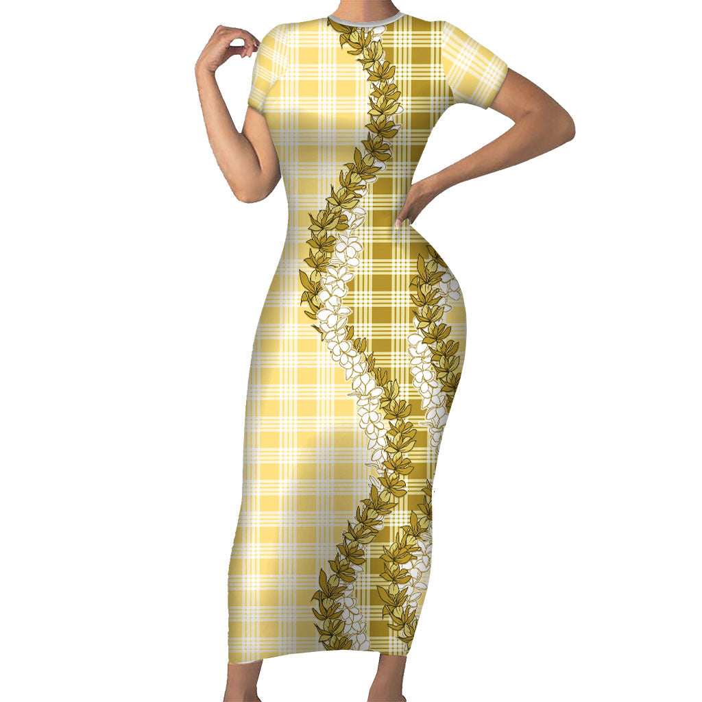 Yellow Hawaii Palaka Short Sleeve Bodycon Dress Hawaiian Honohono Lei