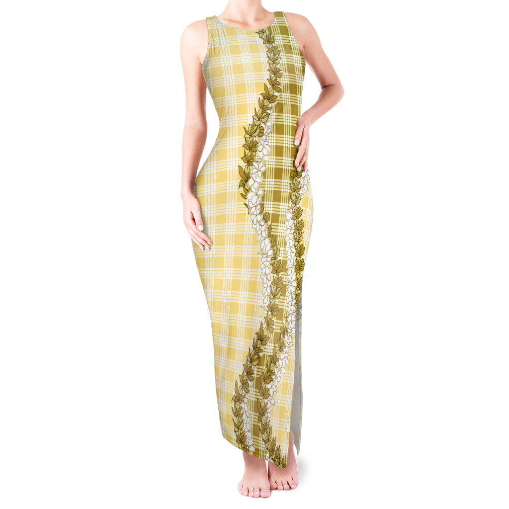 Yellow Hawaii Palaka Tank Maxi Dress Hawaiian Honohono Lei