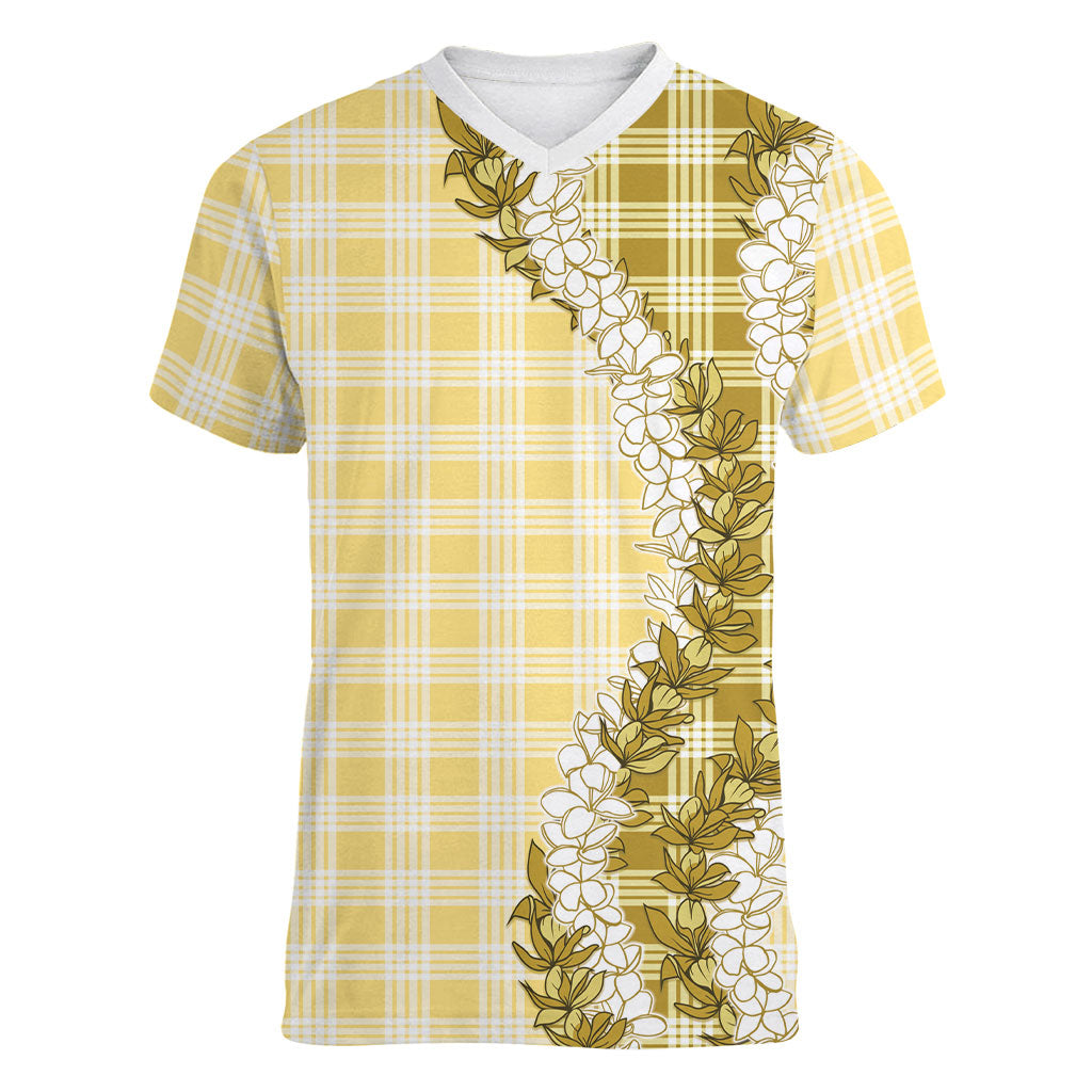 Yellow Hawaii Palaka Women V-Neck T-Shirt Hawaiian Honohono Lei