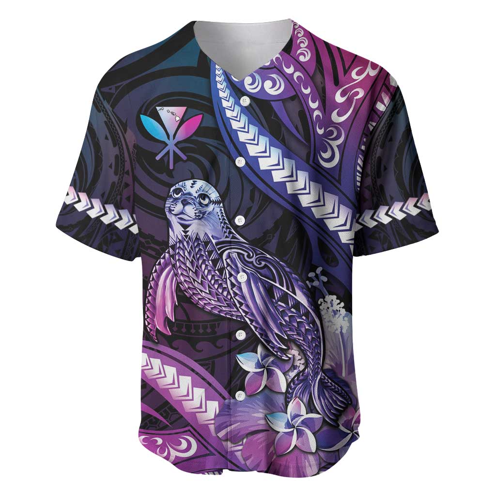 Hawaiian Monk Seal Baseball Jersey Kakau Tribal Pattern Violet Gradient LT05 Violet - Polynesian Pride