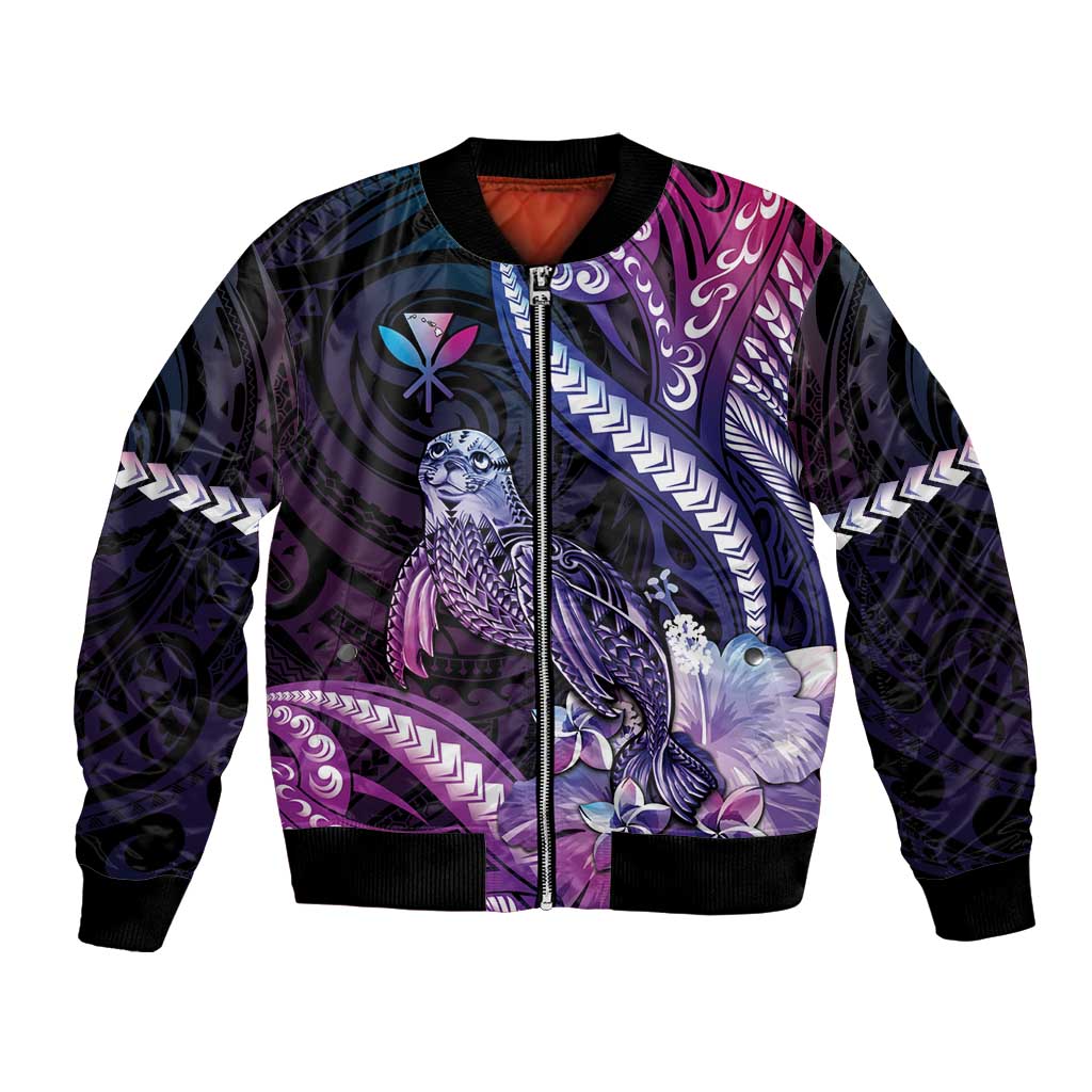Hawaiian Monk Seal Bomber Jacket Kakau Tribal Pattern Violet Gradient LT05 Unisex Violet - Polynesian Pride