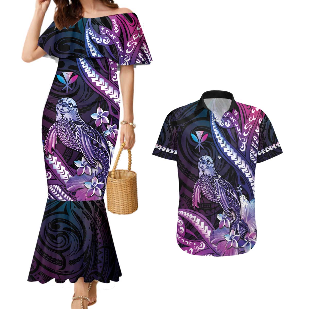 Hawaiian Monk Seal Couples Matching Mermaid Dress and Hawaiian Shirt Kakau Tribal Pattern Violet Gradient LT05 Violet - Polynesian Pride
