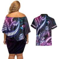 Hawaiian Monk Seal Couples Matching Off Shoulder Short Dress and Hawaiian Shirt Kakau Tribal Pattern Violet Gradient LT05 - Polynesian Pride