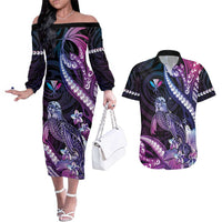 Hawaiian Monk Seal Couples Matching Off The Shoulder Long Sleeve Dress and Hawaiian Shirt Kakau Tribal Pattern Violet Gradient LT05 Violet - Polynesian Pride