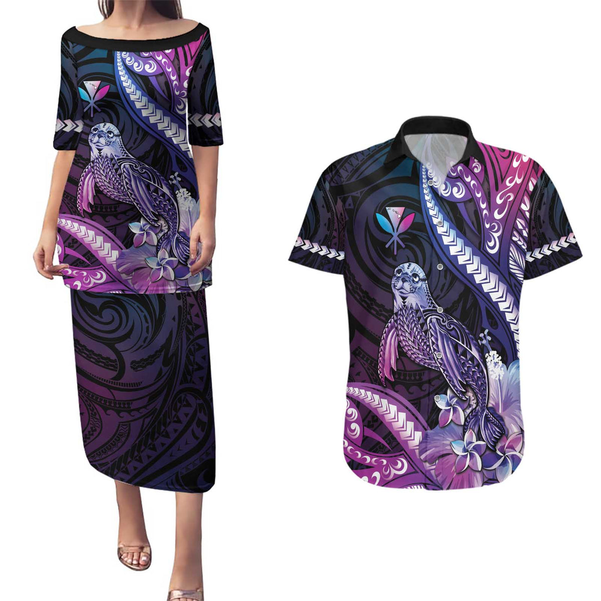 Hawaiian Monk Seal Couples Matching Puletasi and Hawaiian Shirt Kakau Tribal Pattern Violet Gradient