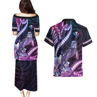 Hawaiian Monk Seal Couples Matching Puletasi and Hawaiian Shirt Kakau Tribal Pattern Violet Gradient