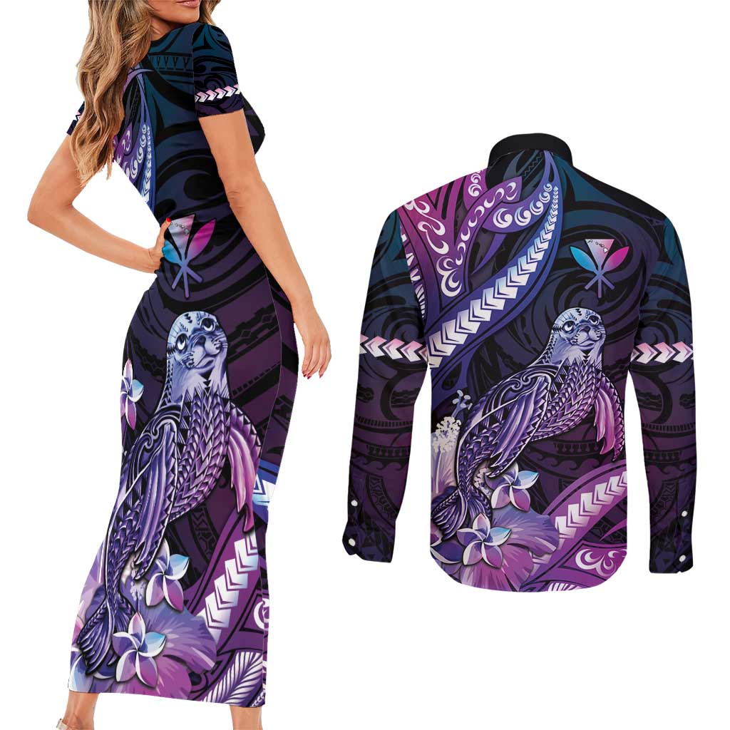 Hawaiian Monk Seal Couples Matching Short Sleeve Bodycon Dress and Long Sleeve Button Shirt Kakau Tribal Pattern Violet Gradient LT05 - Polynesian Pride