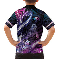 Hawaiian Monk Seal Family Matching Long Sleeve Bodycon Dress and Hawaiian Shirt Kakau Tribal Pattern Violet Gradient LT05 - Polynesian Pride