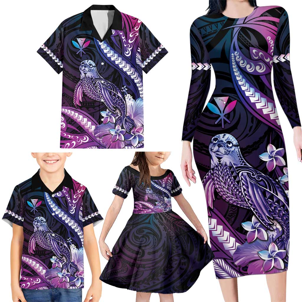 Hawaiian Monk Seal Family Matching Long Sleeve Bodycon Dress and Hawaiian Shirt Kakau Tribal Pattern Violet Gradient LT05 - Polynesian Pride