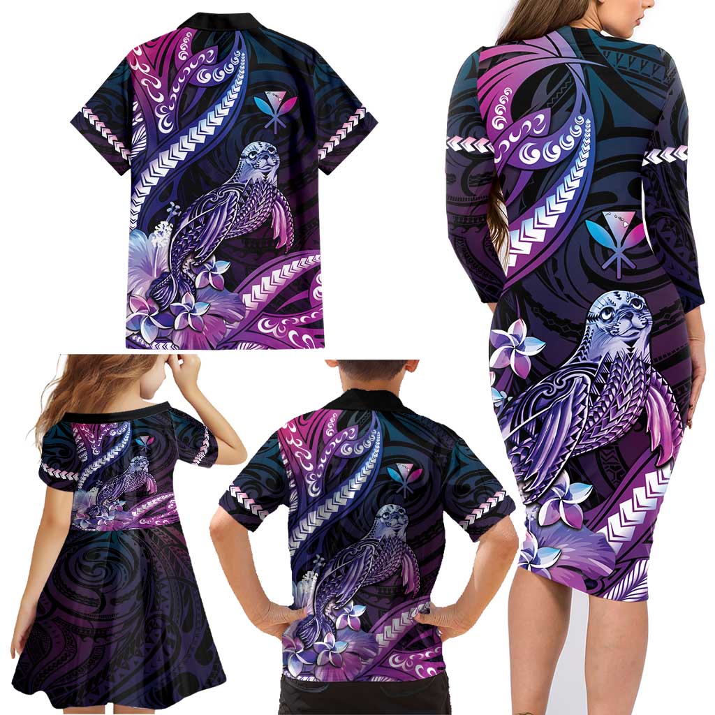 Hawaiian Monk Seal Family Matching Long Sleeve Bodycon Dress and Hawaiian Shirt Kakau Tribal Pattern Violet Gradient LT05 - Polynesian Pride