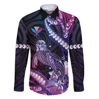 Hawaiian Monk Seal Family Matching Long Sleeve Bodycon Dress and Hawaiian Shirt Kakau Tribal Pattern Violet Gradient LT05 Dad's Shirt - Long Sleeve Violet - Polynesian Pride