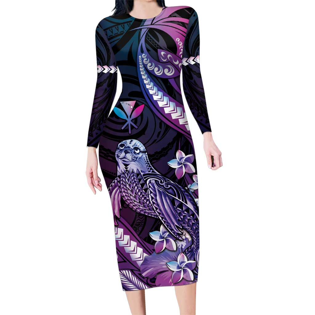 Hawaiian Monk Seal Family Matching Long Sleeve Bodycon Dress and Hawaiian Shirt Kakau Tribal Pattern Violet Gradient LT05 Mom's Dress Violet - Polynesian Pride