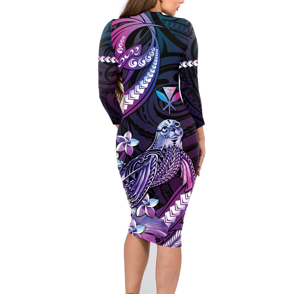 Hawaiian Monk Seal Family Matching Long Sleeve Bodycon Dress and Hawaiian Shirt Kakau Tribal Pattern Violet Gradient LT05 - Polynesian Pride
