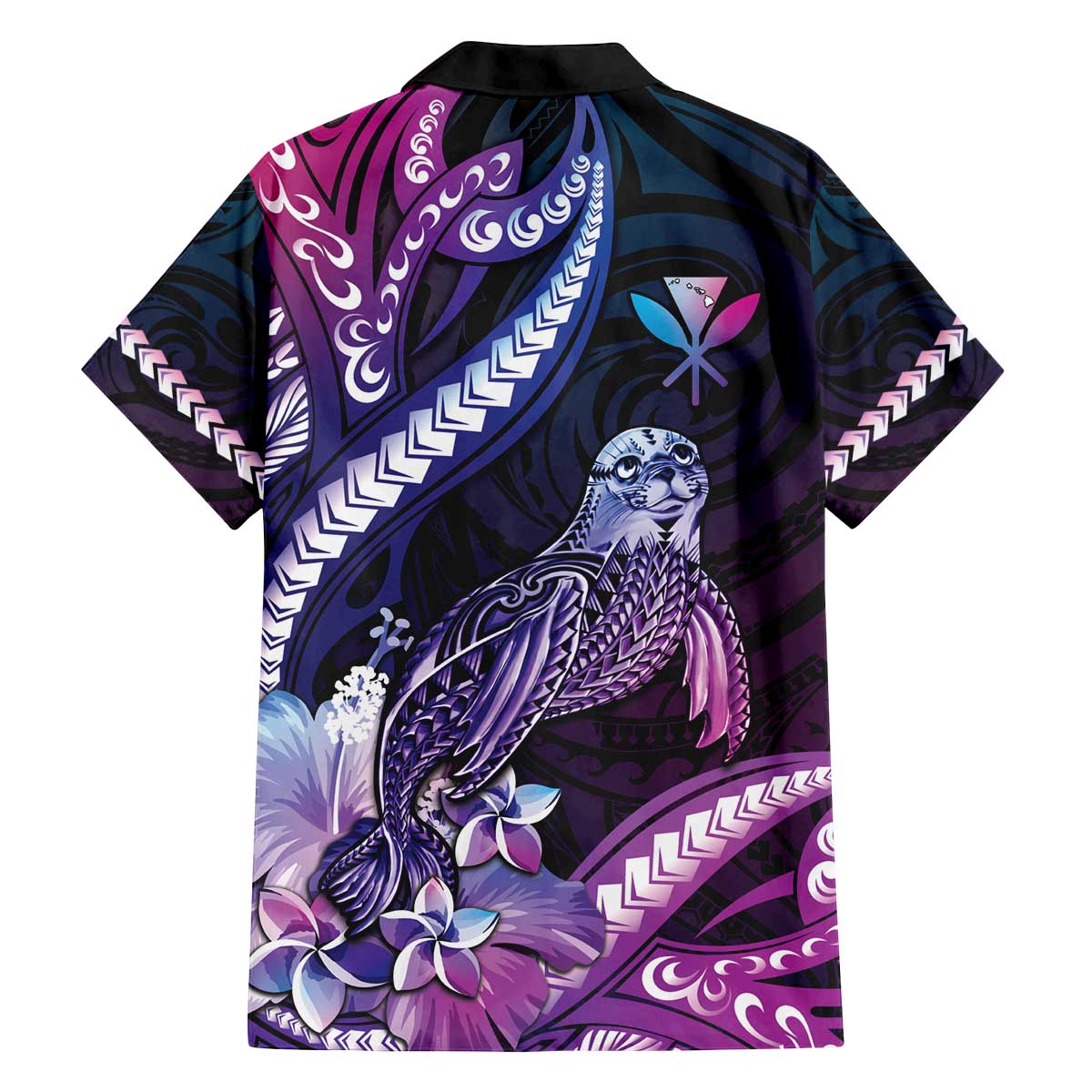 Hawaiian Monk Seal Family Matching Off The Shoulder Long Sleeve Dress and Hawaiian Shirt Kakau Tribal Pattern Violet Gradient LT05 - Polynesian Pride