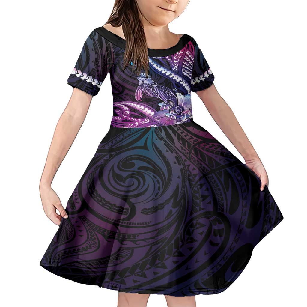 Hawaiian Monk Seal Family Matching Off Shoulder Maxi Dress and Hawaiian Shirt Kakau Tribal Pattern Violet Gradient