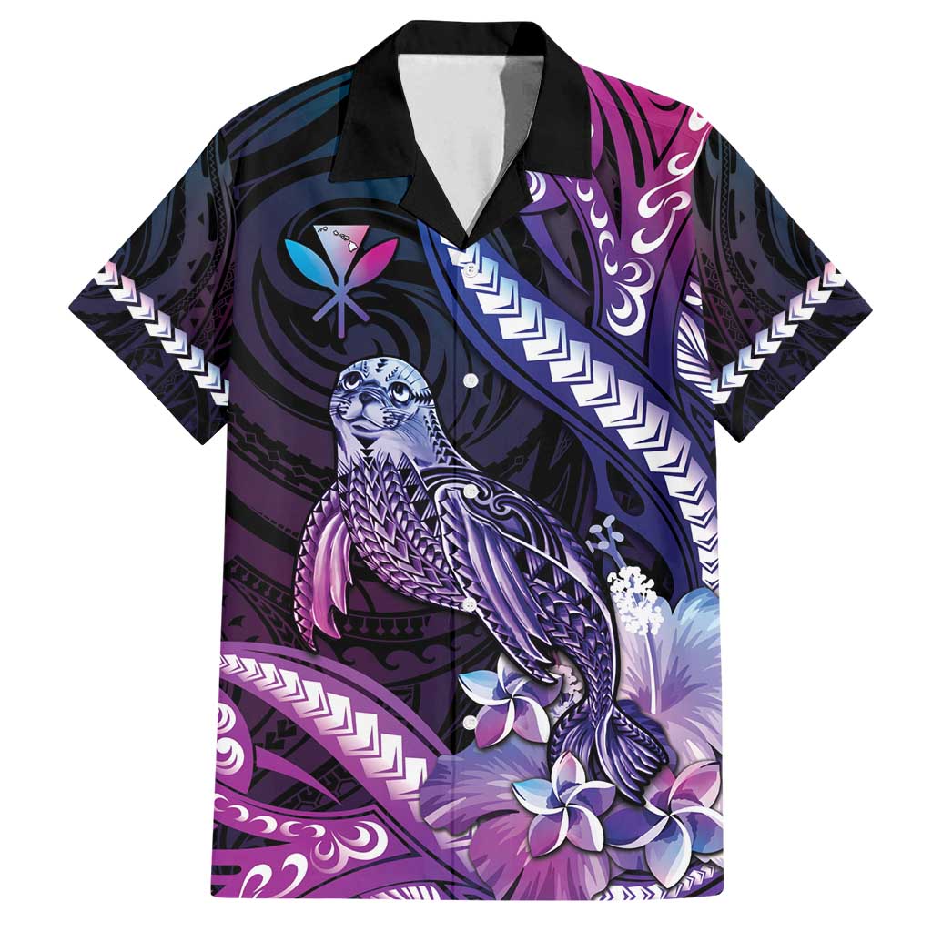 Hawaiian Monk Seal Family Matching Off Shoulder Maxi Dress and Hawaiian Shirt Kakau Tribal Pattern Violet Gradient