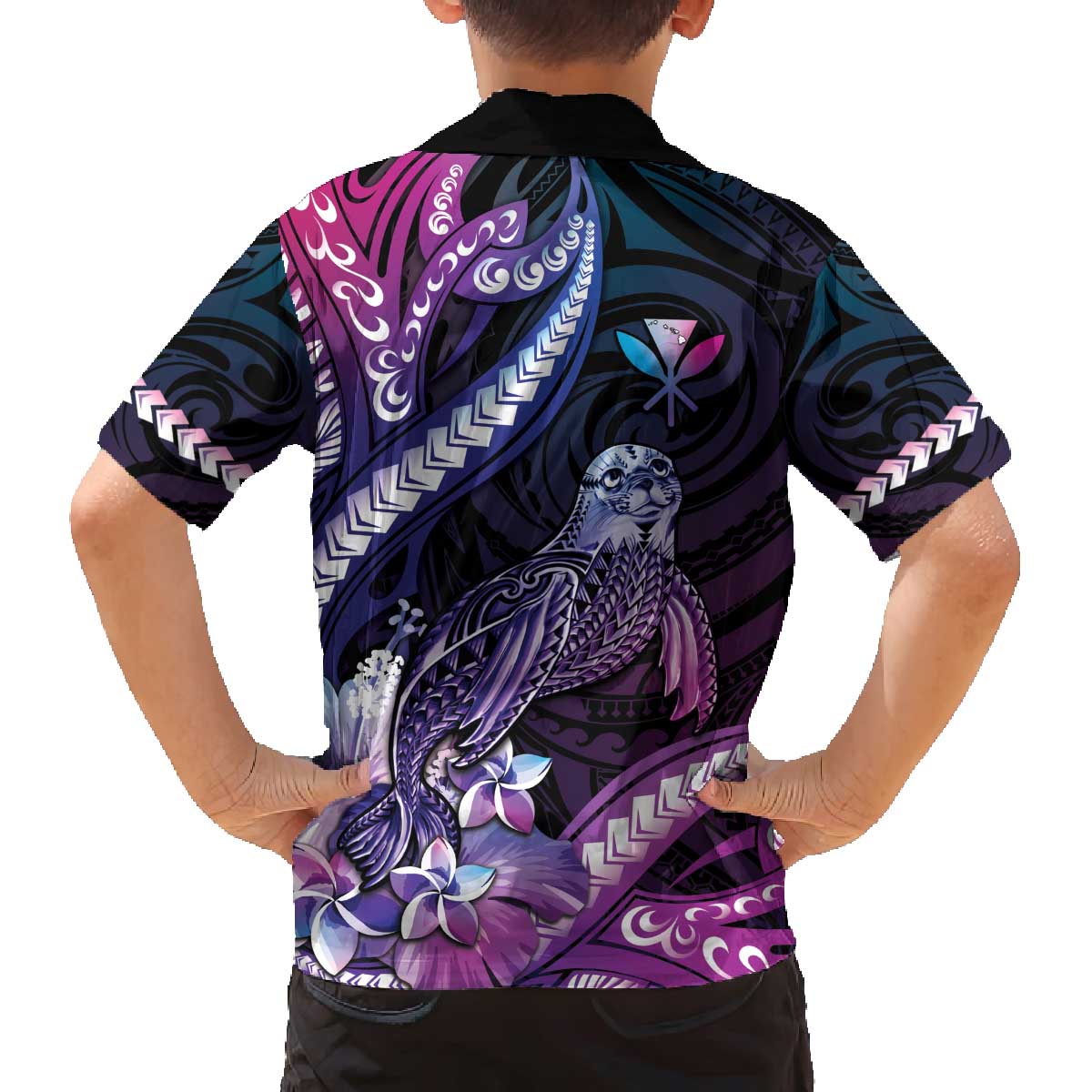 Hawaiian Monk Seal Family Matching Off Shoulder Short Dress and Hawaiian Shirt Kakau Tribal Pattern Violet Gradient LT05 - Polynesian Pride