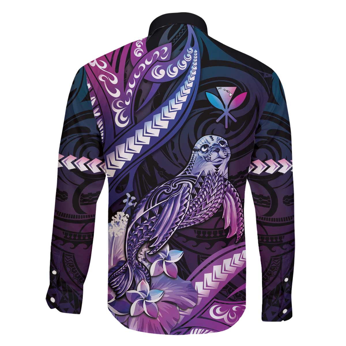 Hawaiian Monk Seal Family Matching Off Shoulder Short Dress and Hawaiian Shirt Kakau Tribal Pattern Violet Gradient LT05 - Polynesian Pride