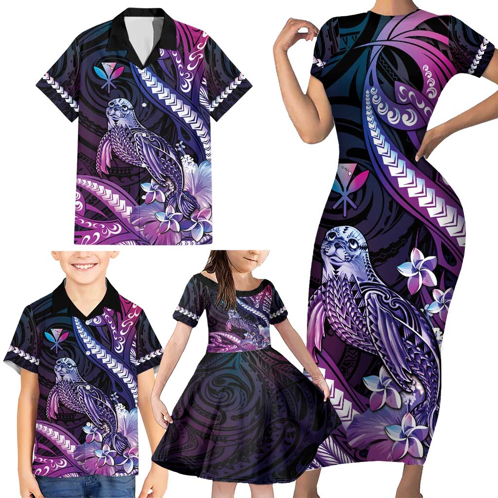 Hawaiian Monk Seal Family Matching Short Sleeve Bodycon Dress and Hawaiian Shirt Kakau Tribal Pattern Violet Gradient LT05 - Polynesian Pride
