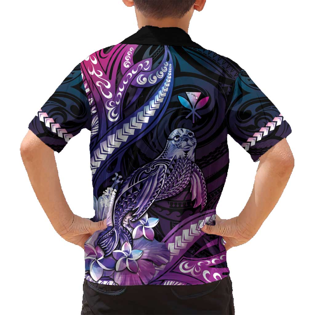Hawaiian Monk Seal Family Matching Summer Maxi Dress and Hawaiian Shirt Kakau Tribal Pattern Violet Gradient LT05 - Polynesian Pride