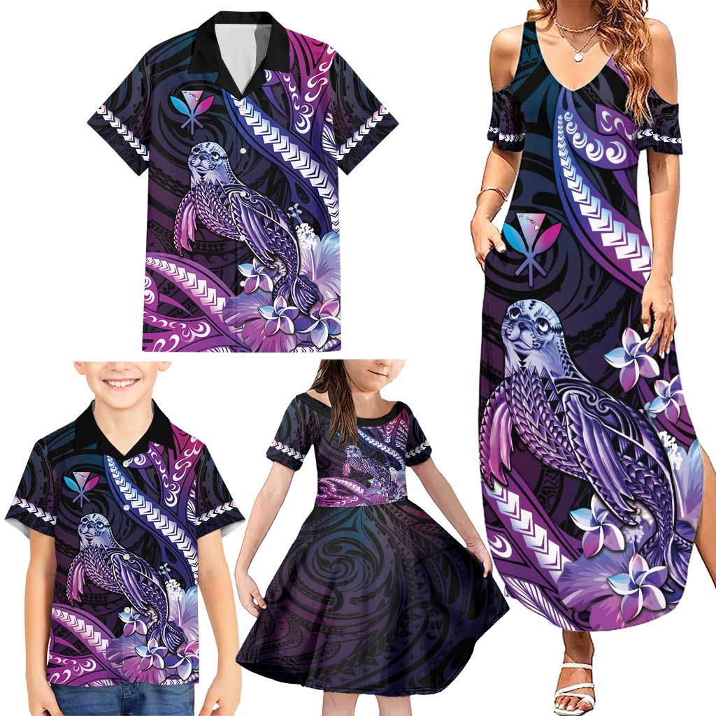 Hawaiian Monk Seal Family Matching Summer Maxi Dress and Hawaiian Shirt Kakau Tribal Pattern Violet Gradient LT05 - Polynesian Pride