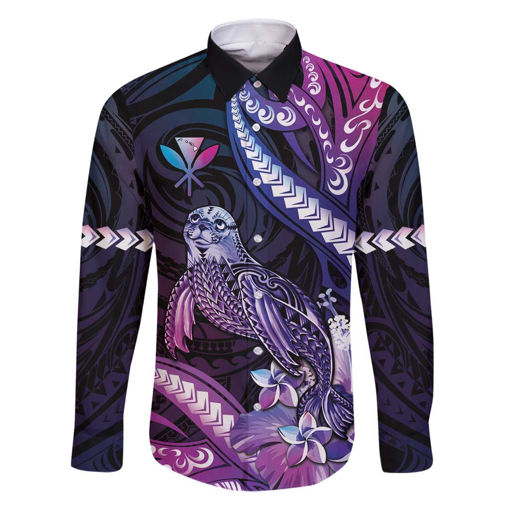 Hawaiian Monk Seal Family Matching Summer Maxi Dress and Hawaiian Shirt Kakau Tribal Pattern Violet Gradient LT05 Dad's Shirt - Long Sleeve Violet - Polynesian Pride