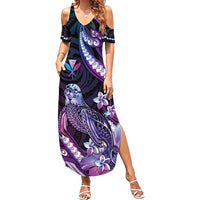 Hawaiian Monk Seal Family Matching Summer Maxi Dress and Hawaiian Shirt Kakau Tribal Pattern Violet Gradient LT05 Mom's Dress Violet - Polynesian Pride