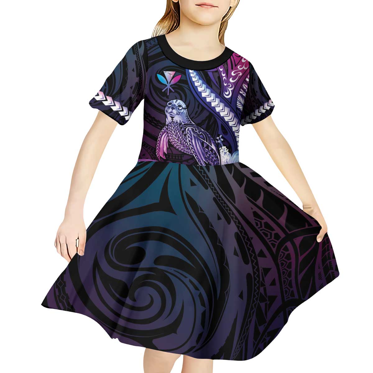 Hawaiian Monk Seal Kid Short Sleeve Dress Kakau Tribal Pattern Violet Gradient