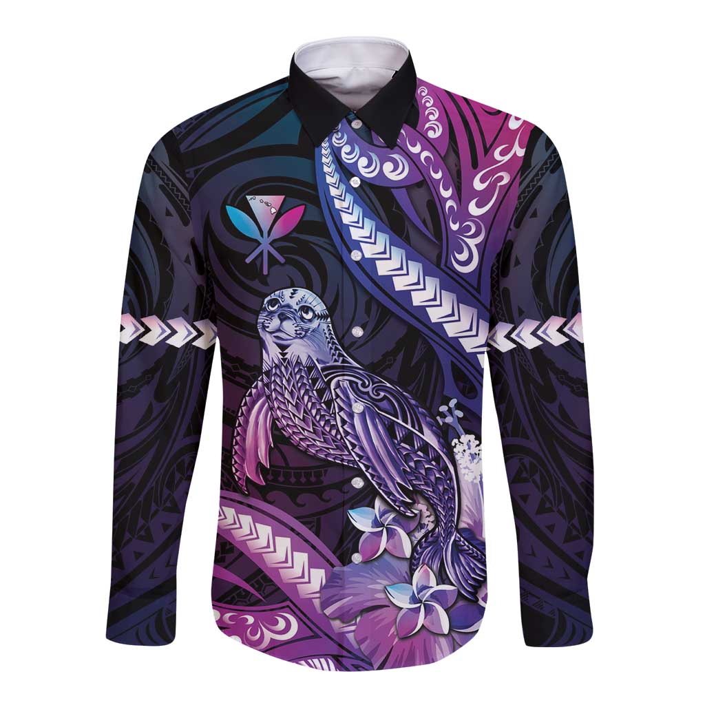 Hawaiian Monk Seal Long Sleeve Button Shirt Kakau Tribal Pattern Violet Gradient LT05 Unisex Violet - Polynesian Pride
