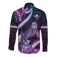 Hawaiian Monk Seal Long Sleeve Button Shirt Kakau Tribal Pattern Violet Gradient LT05 - Polynesian Pride