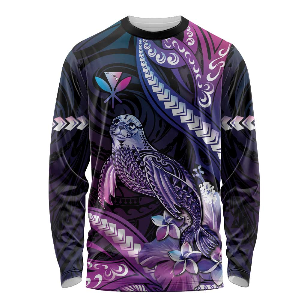 Hawaiian Monk Seal Long Sleeve Shirt Kakau Tribal Pattern Violet Gradient LT05 Unisex Violet - Polynesian Pride