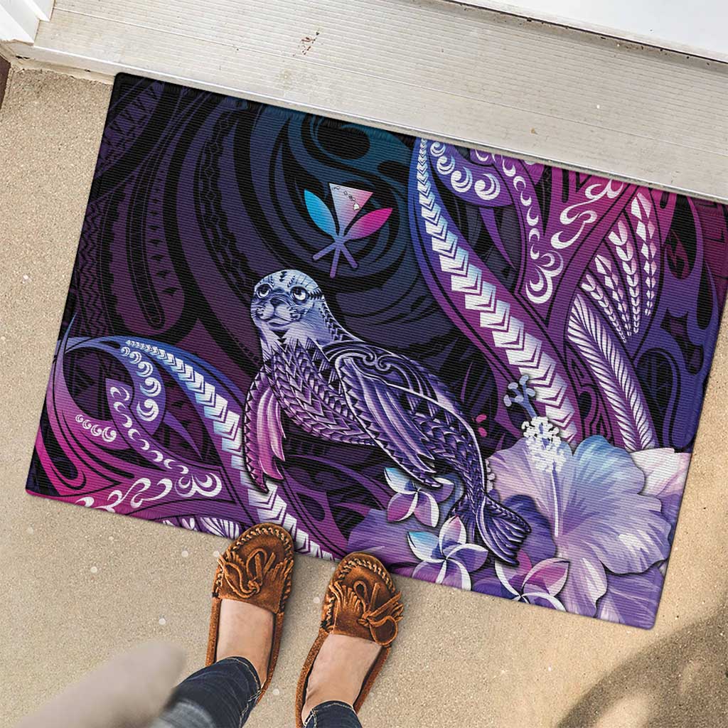 Hawaiian Monk Seal Rubber Doormat Kakau Tribal Pattern Violet Gradient