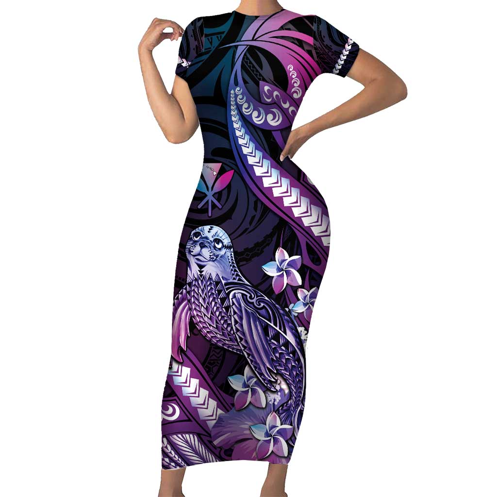 Hawaiian Monk Seal Short Sleeve Bodycon Dress Kakau Tribal Pattern Violet Gradient LT05 Long Dress Violet - Polynesian Pride