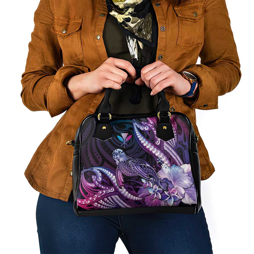 Hawaiian Monk Seal Shoulder Handbag Kakau Tribal Pattern Violet Gradient