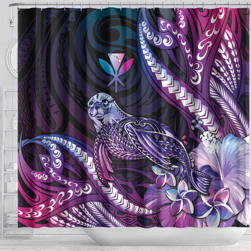 Hawaiian Monk Seal Shower Curtain Kakau Tribal Pattern Violet Gradient