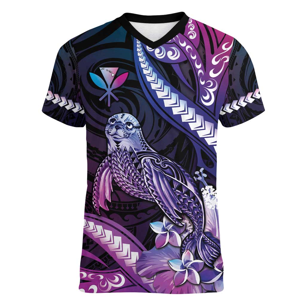 Hawaiian Monk Seal Women V-Neck T-Shirt Kakau Tribal Pattern Violet Gradient LT05 Female Violet - Polynesian Pride