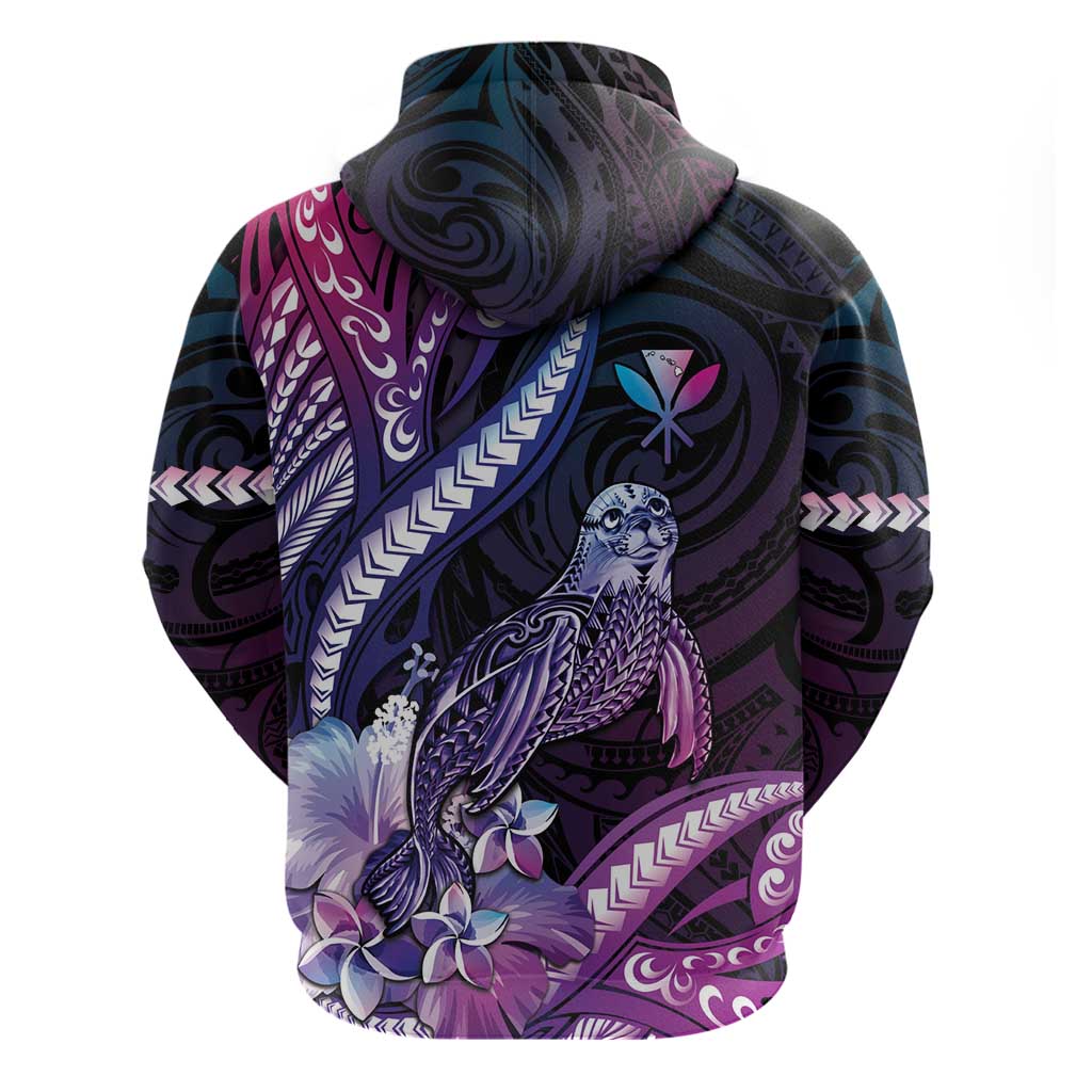 Hawaiian Monk Seal Zip Hoodie Kakau Tribal Pattern Violet Gradient