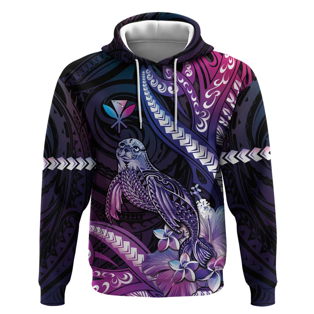 Hawaiian Monk Seal Zip Hoodie Kakau Tribal Pattern Violet Gradient